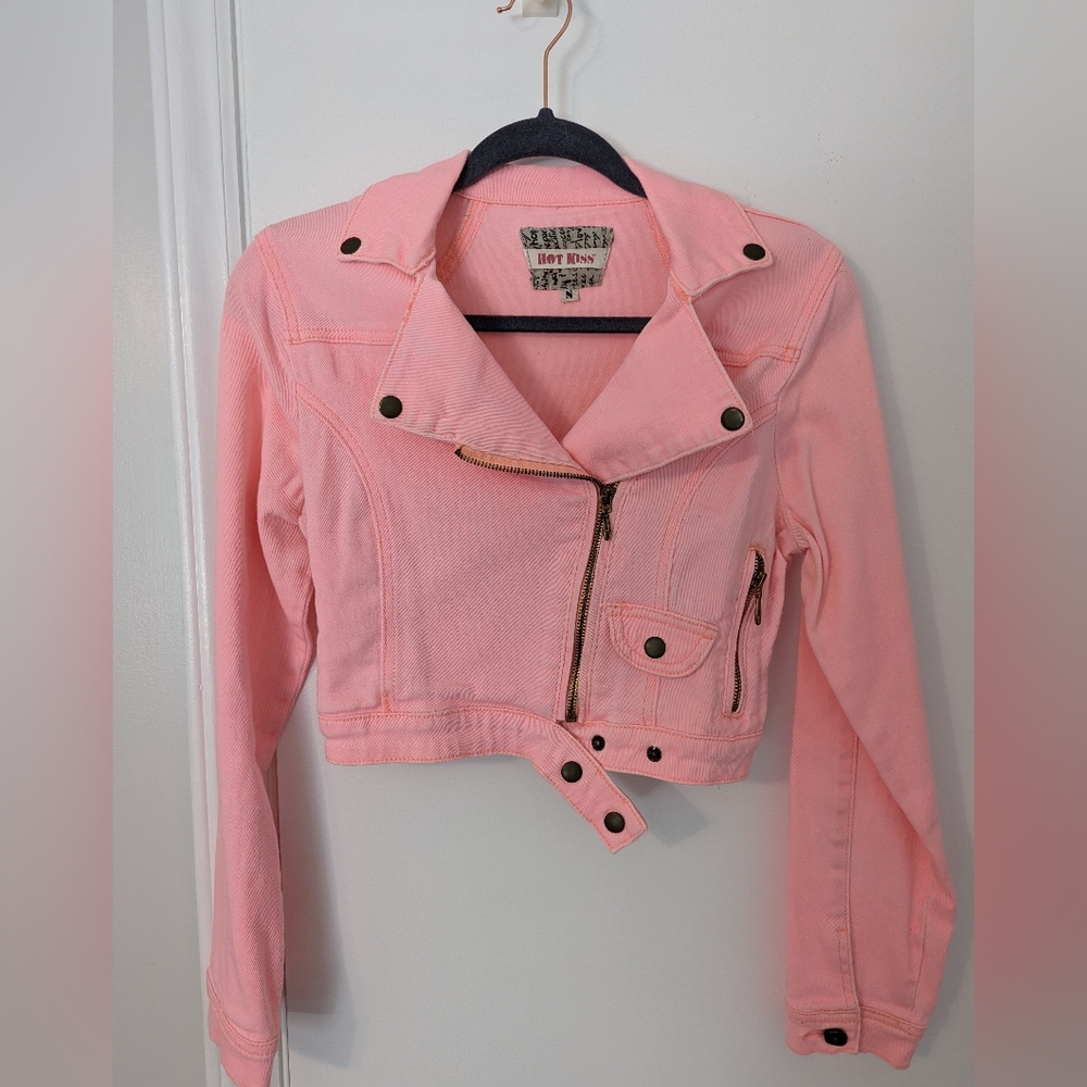 Hot Kiss Pink Denim Moto Jacket - Size Small